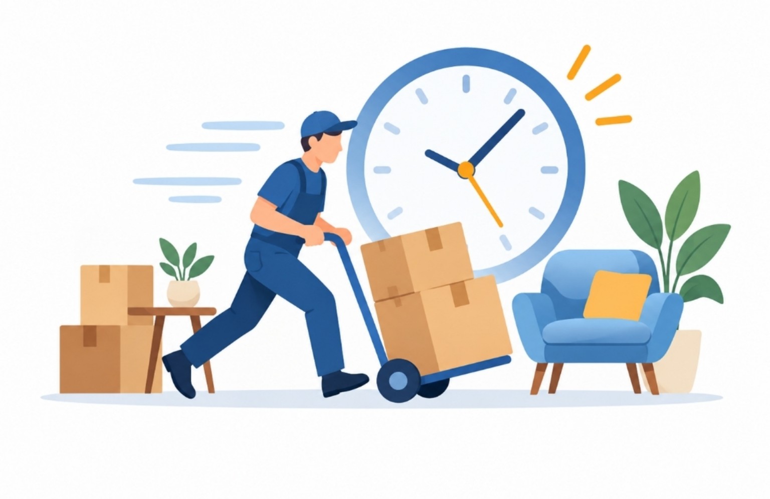Illustration of a mover with boxes and a clock