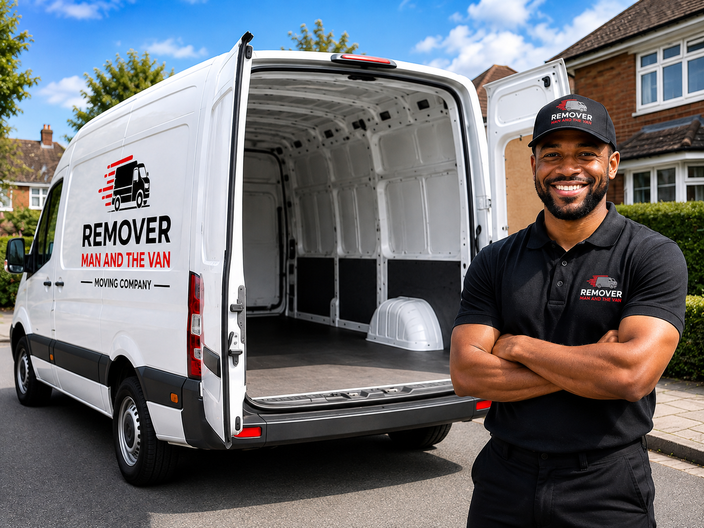 Illustrative image of a mover beside a white removals van